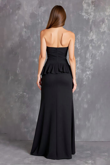 Black Strapless Ruffled Long Formal Dress with Slit